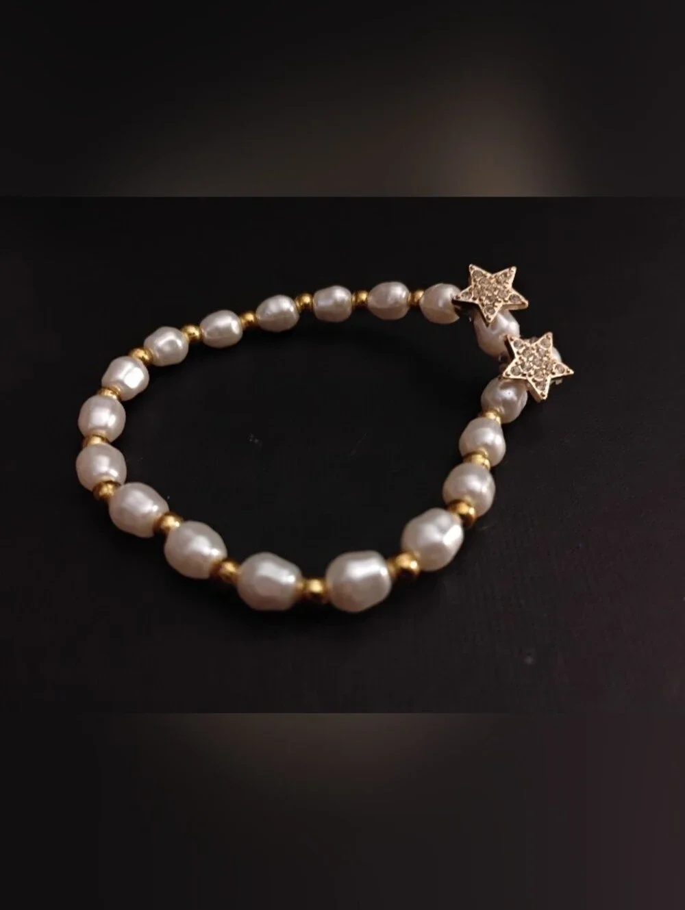 Gold & White Pearl Stretch Bracelet with Star Crystal Charms
